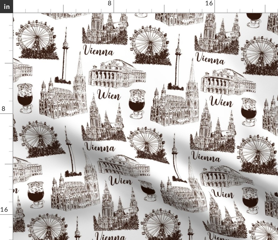 Set of Vienna symbols seamless pattern vector set. Donauturm, Stephansdom, Rathaus, Prater, Vienna State Opera House.