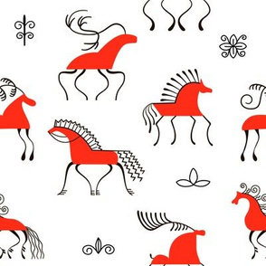 Six red horses seamless pattern. National scandinavian paintings. Folk handicrafts. Enchanting original ornaments. 