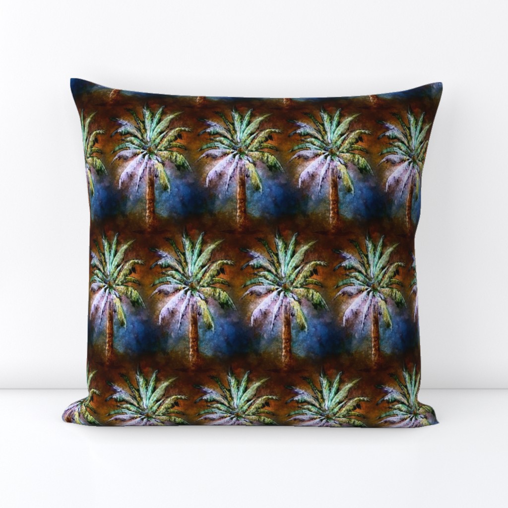 WATERCOLOR PALM TREE ALTERNATED ROWS BLUE BROWN VINTAGE STYLE