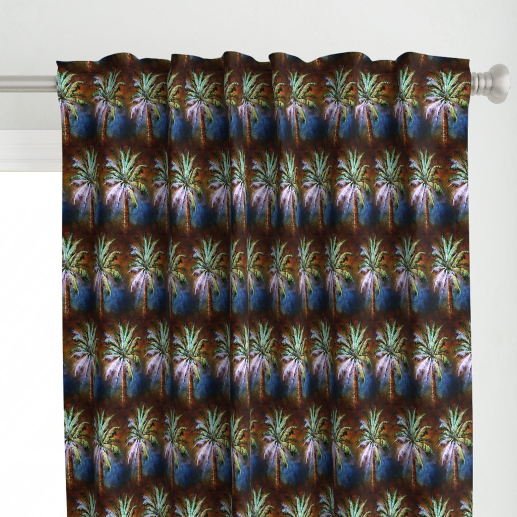 WATERCOLOR PALM TREE ALTERNATED ROWS BLUE BROWN VINTAGE STYLE