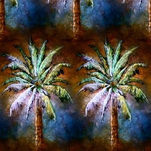 WATERCOLOR PALM TREE ALTERNATED ROWS BLUE BROWN VINTAGE STYLE