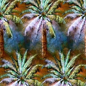 WATERCOLOR PALM TREE BUZY ROWS STRIPES FOREST 3 BLUE BROWN VINTAGE STYLE