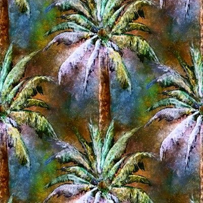 WATERCOLOR PALM TREE FOREST 2 BLUE BROWN VINTAGE STYLE