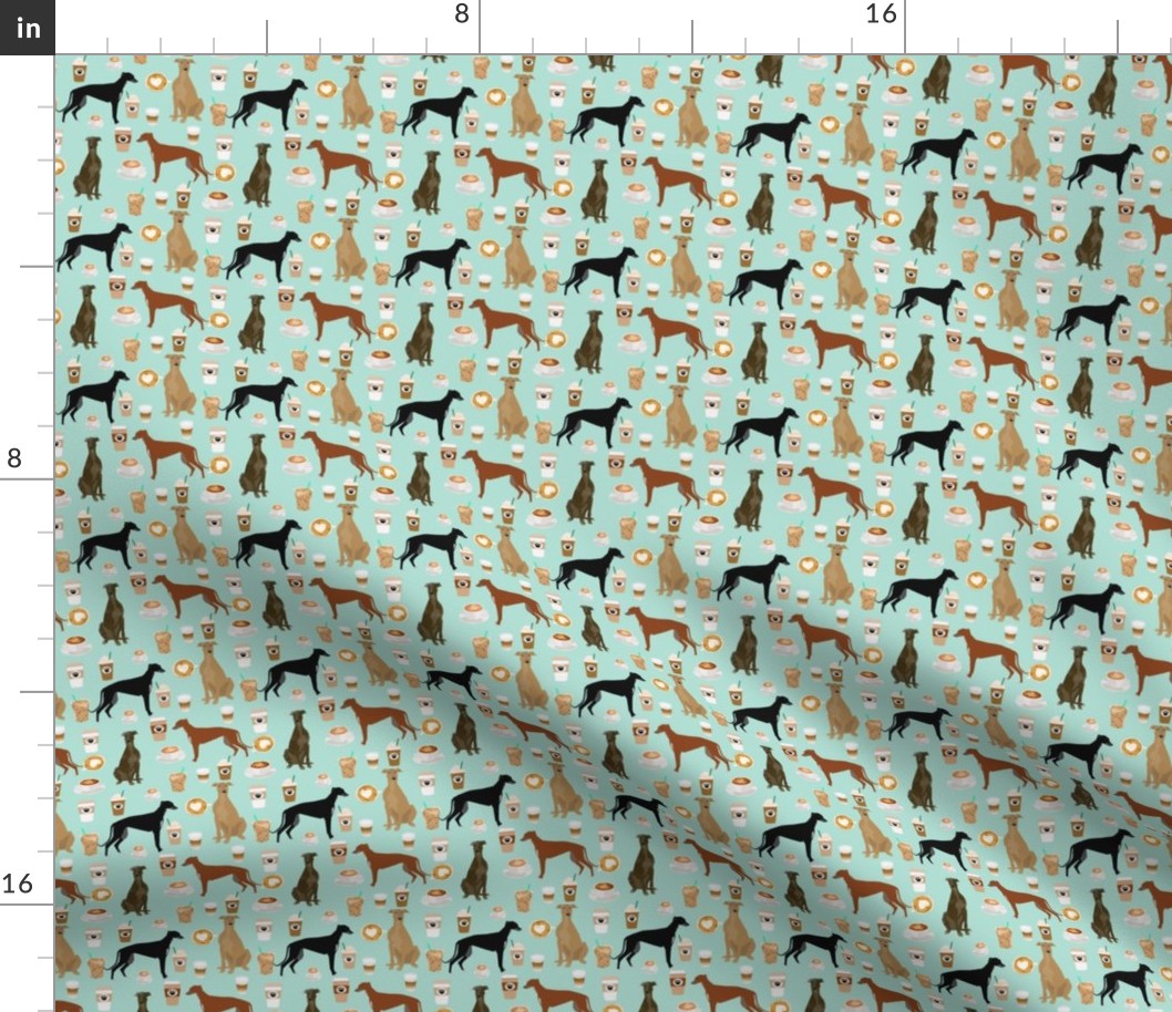 cute greyhounds (smaller scale) mint coffee fabric best coffees latte fabric cute coffee fabric coffee fabric rescue greyhounds fabric