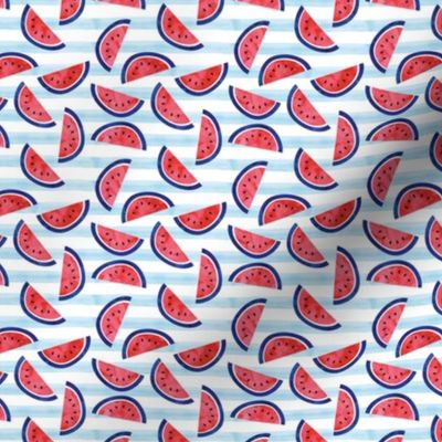 (1" scale) watercolor watermelon on blue stripes - red white and blue - July 4th fabric