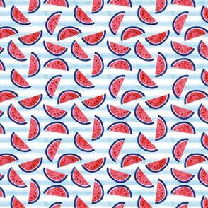 (1" scale) watercolor watermelon on blue stripes - red white and blue - July 4th fabric