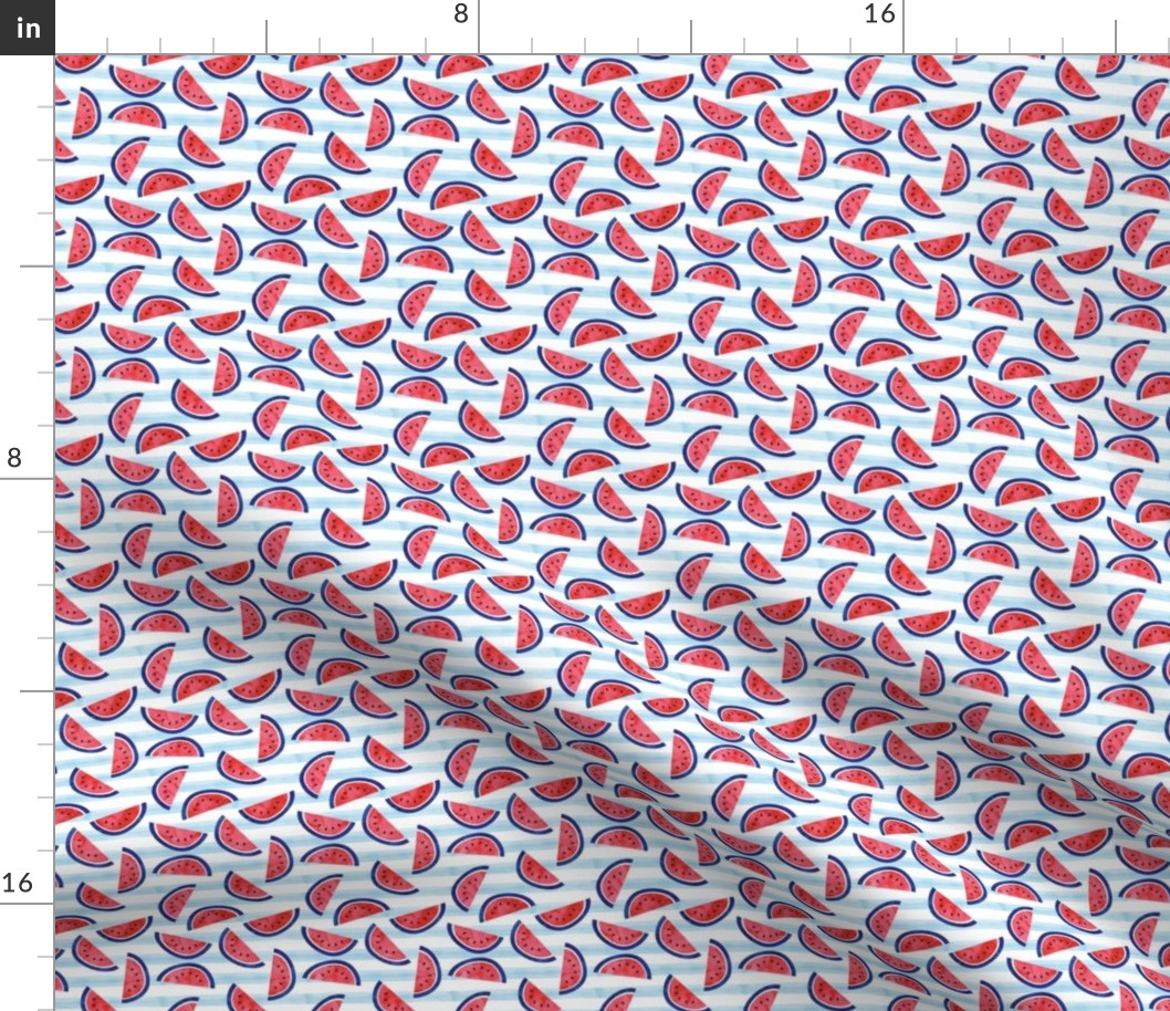 (1" scale) watercolor watermelon on blue stripes - red white and blue - July 4th fabric