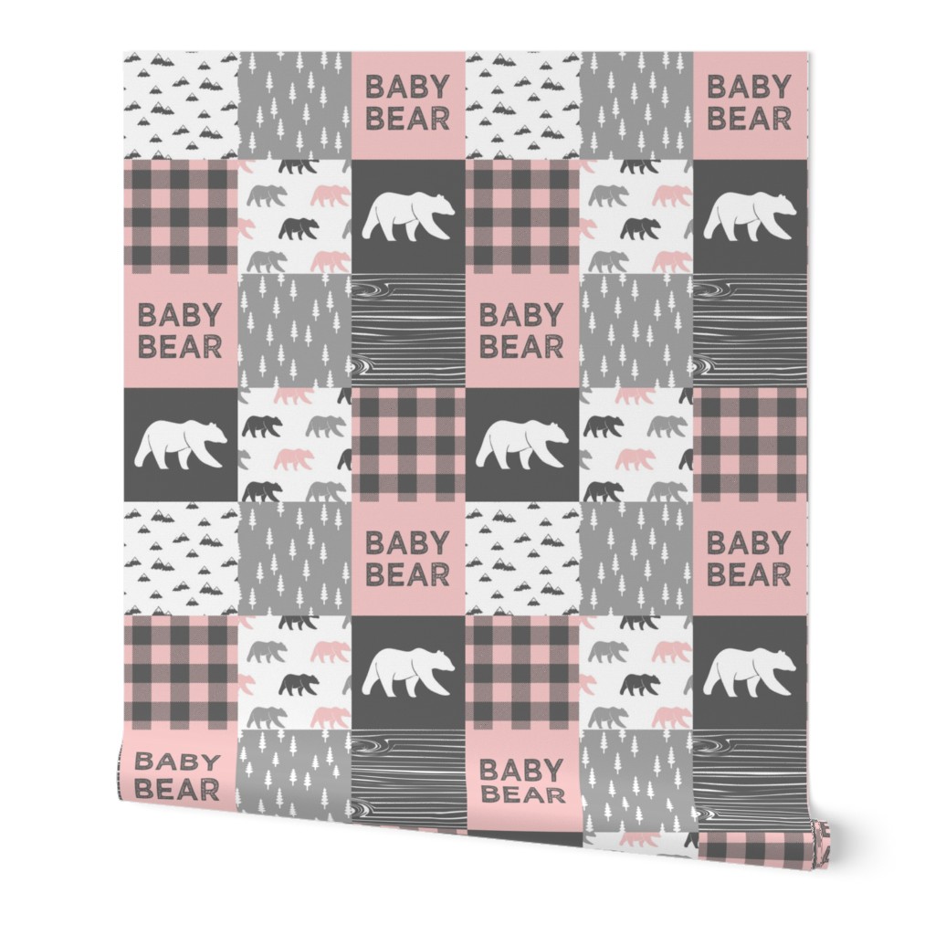 (3" small scale) baby bear patchwork woodland wholecloth - pink and grey 