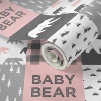 (3" small scale) baby bear patchwork woodland wholecloth - pink and grey 