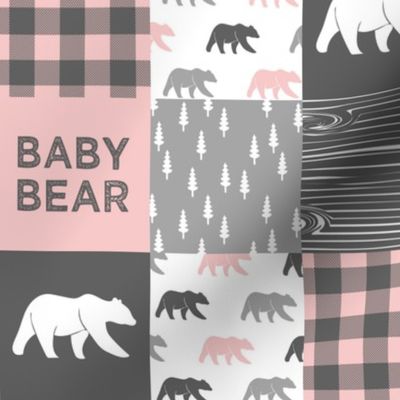 (3" small scale) baby bear patchwork woodland wholecloth - pink and grey 