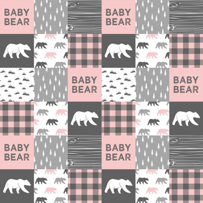 (3" small scale) baby bear patchwork woodland wholecloth - pink and grey 