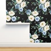 4" White and Blue Florals - Black