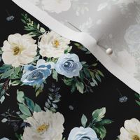 4" White and Blue Florals - Black