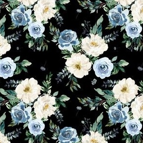 4" White and Blue Florals - Black