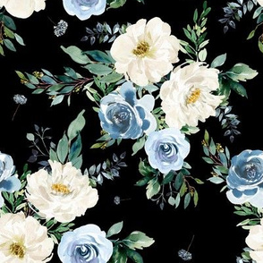 8" White and Blue Florals - Black