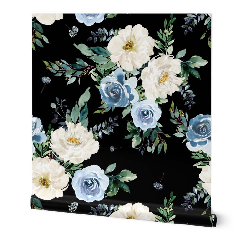 18" White and Blue Florals - Black