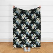 18" White and Blue Florals - Black