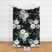 36" White and Blue Florals - Black