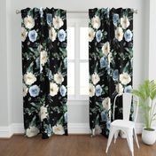 36" White and Blue Florals - Black
