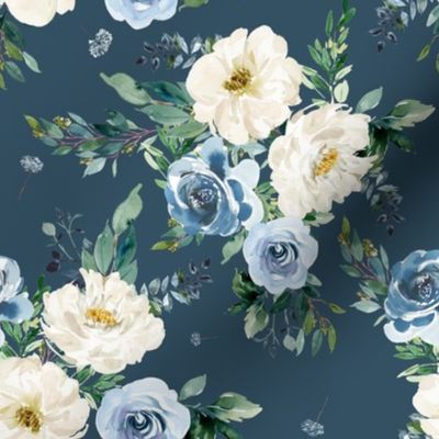 8" White and Blue Florals - Deep Blue