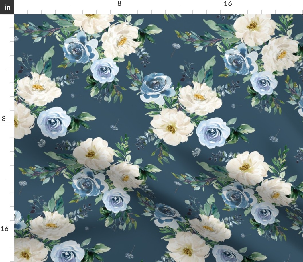 10.5" White and Blue Florals - Deep Blue