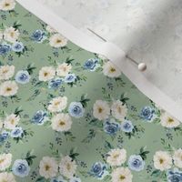 1.5" White and Blue Florals - Green