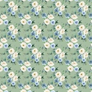 1.5" White and Blue Florals - Green