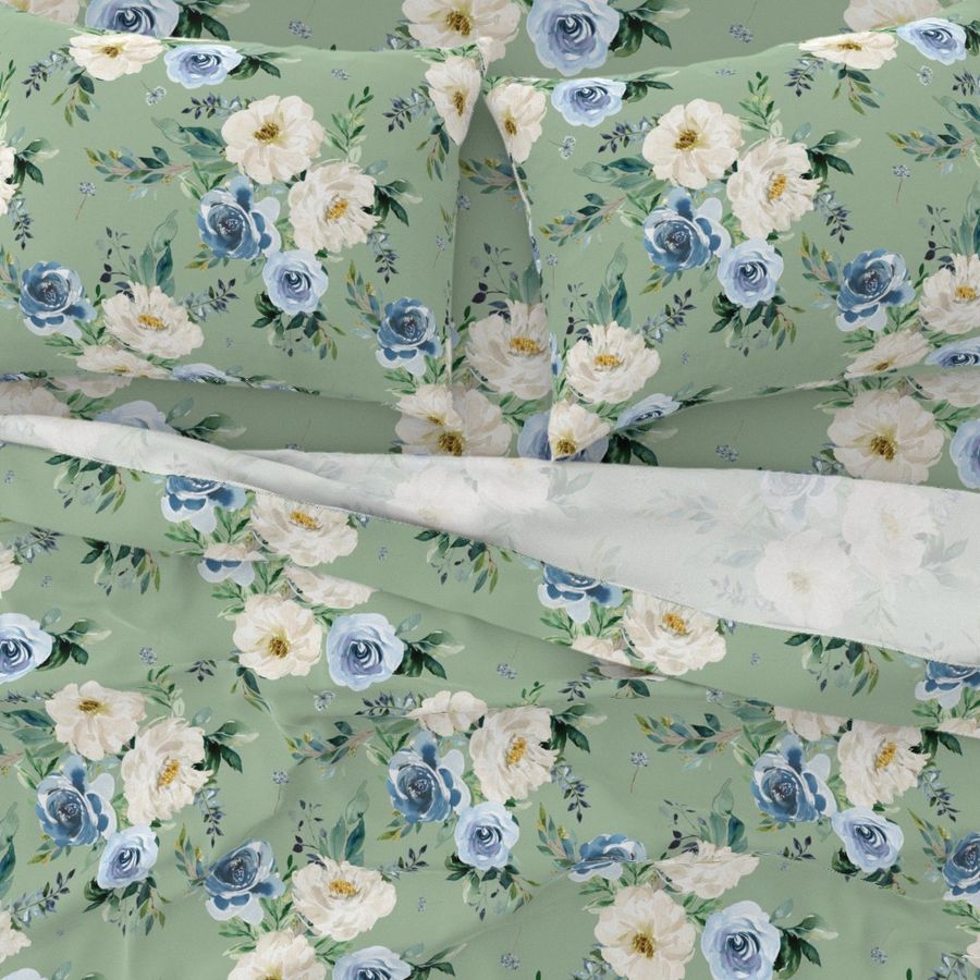 18" White and Blue Florals - Green