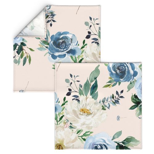 36" White and Blue Florals - Ivory