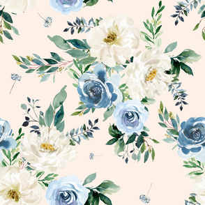 36" White and Blue Florals - Ivory