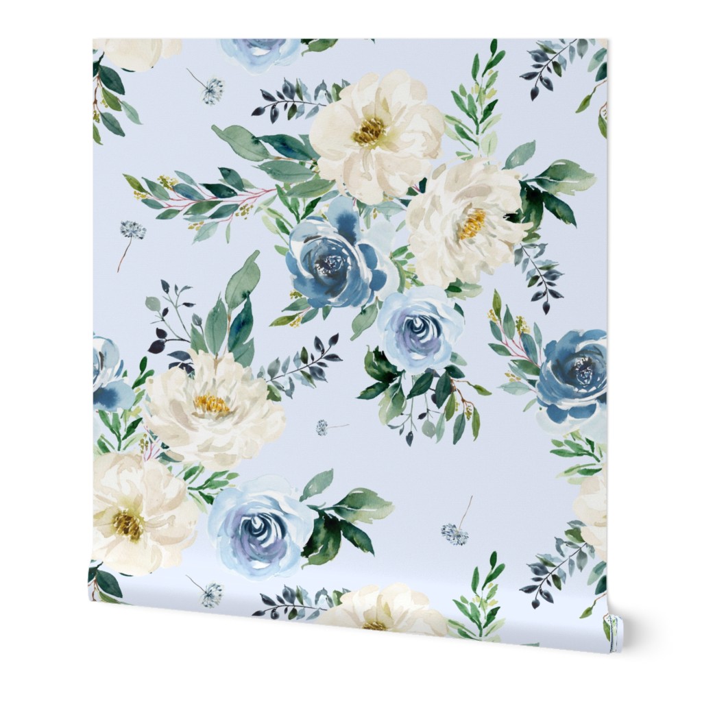 8" White and Blue Florals - Light Blue