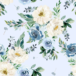 36" White and Blue Florals - Light Blue