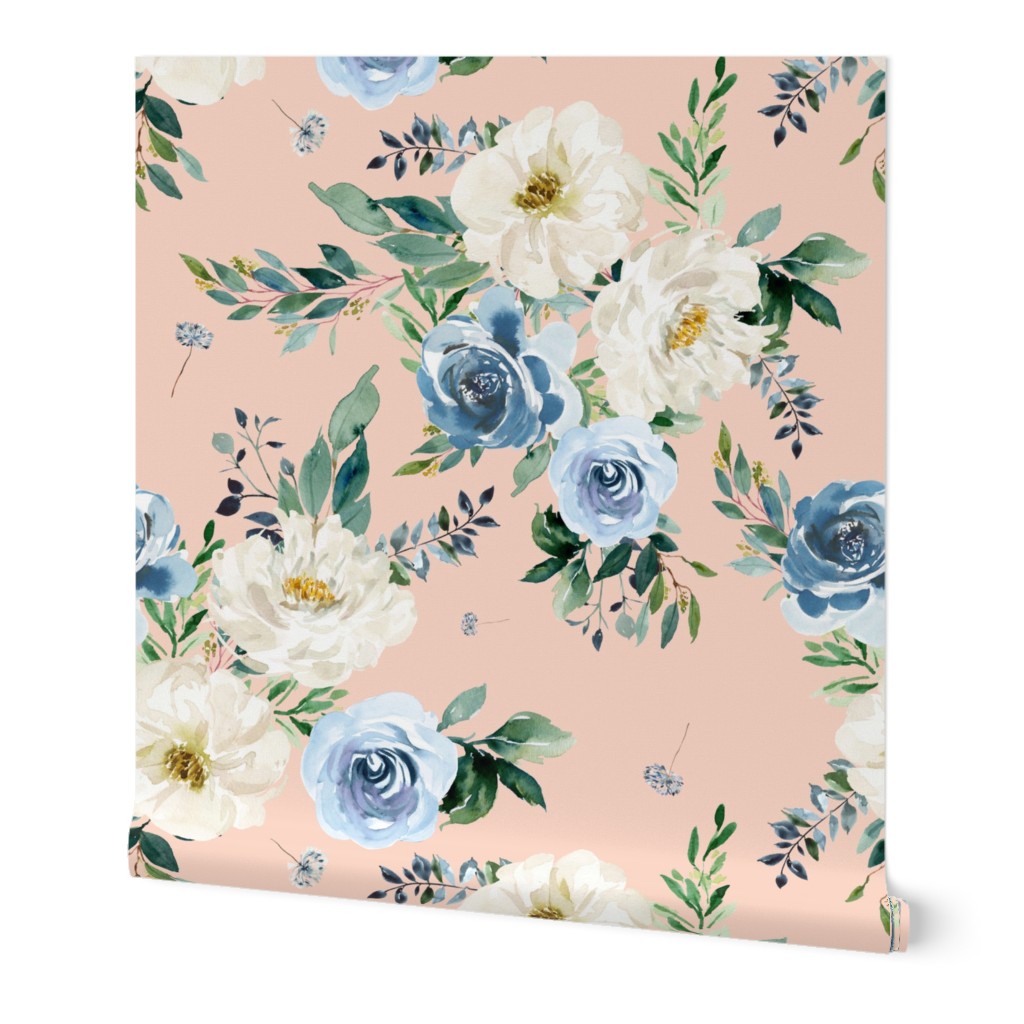 36" White and Blue Florals - Peach
