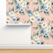 36" White and Blue Florals - Peach