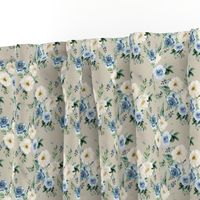 4" White and Blue Florals - Taupe