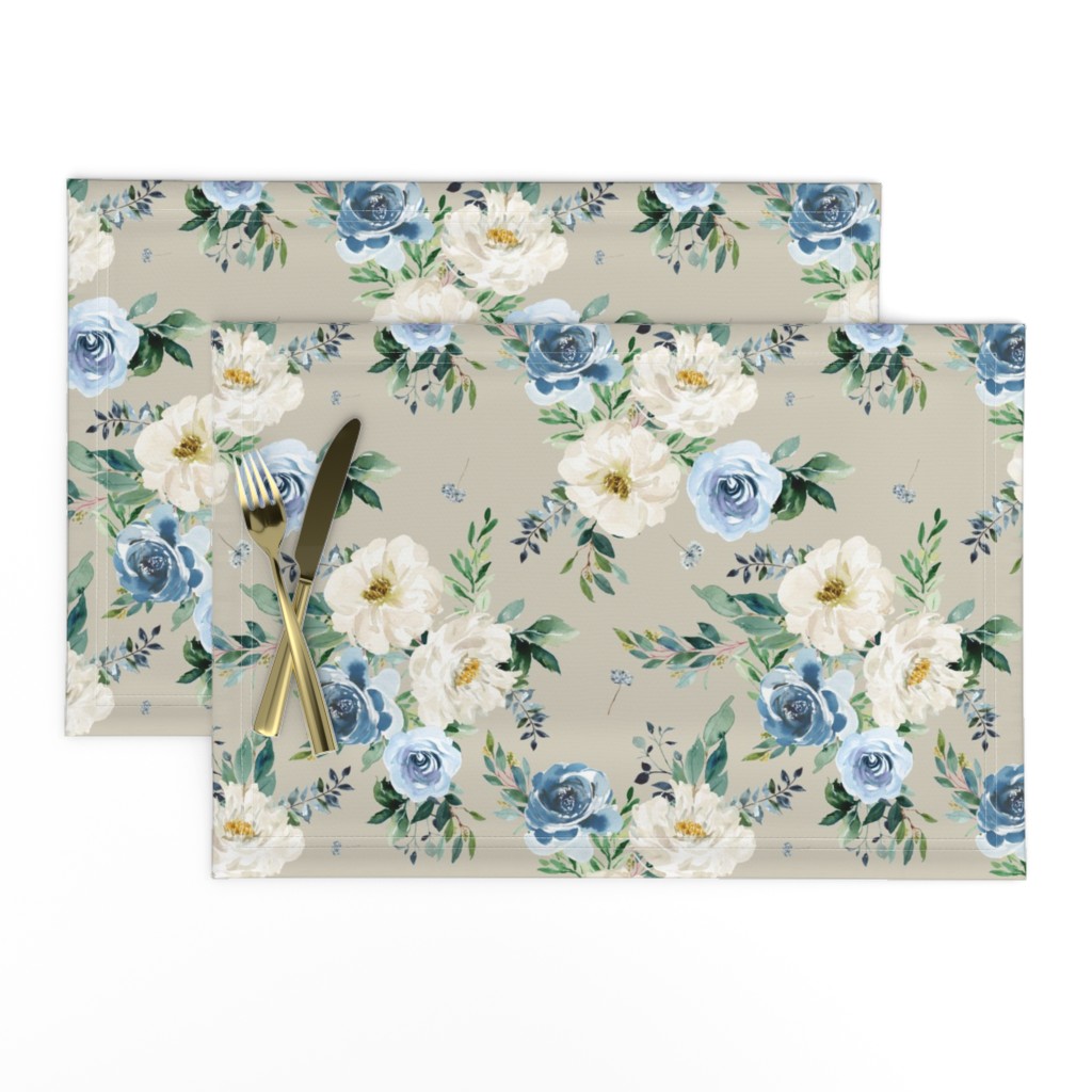 10.5" White and Blue Florals - Taupe