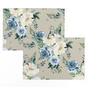 18" White and Blue Florals - Taupe