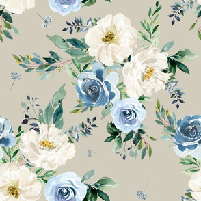 18" White and Blue Florals - Taupe