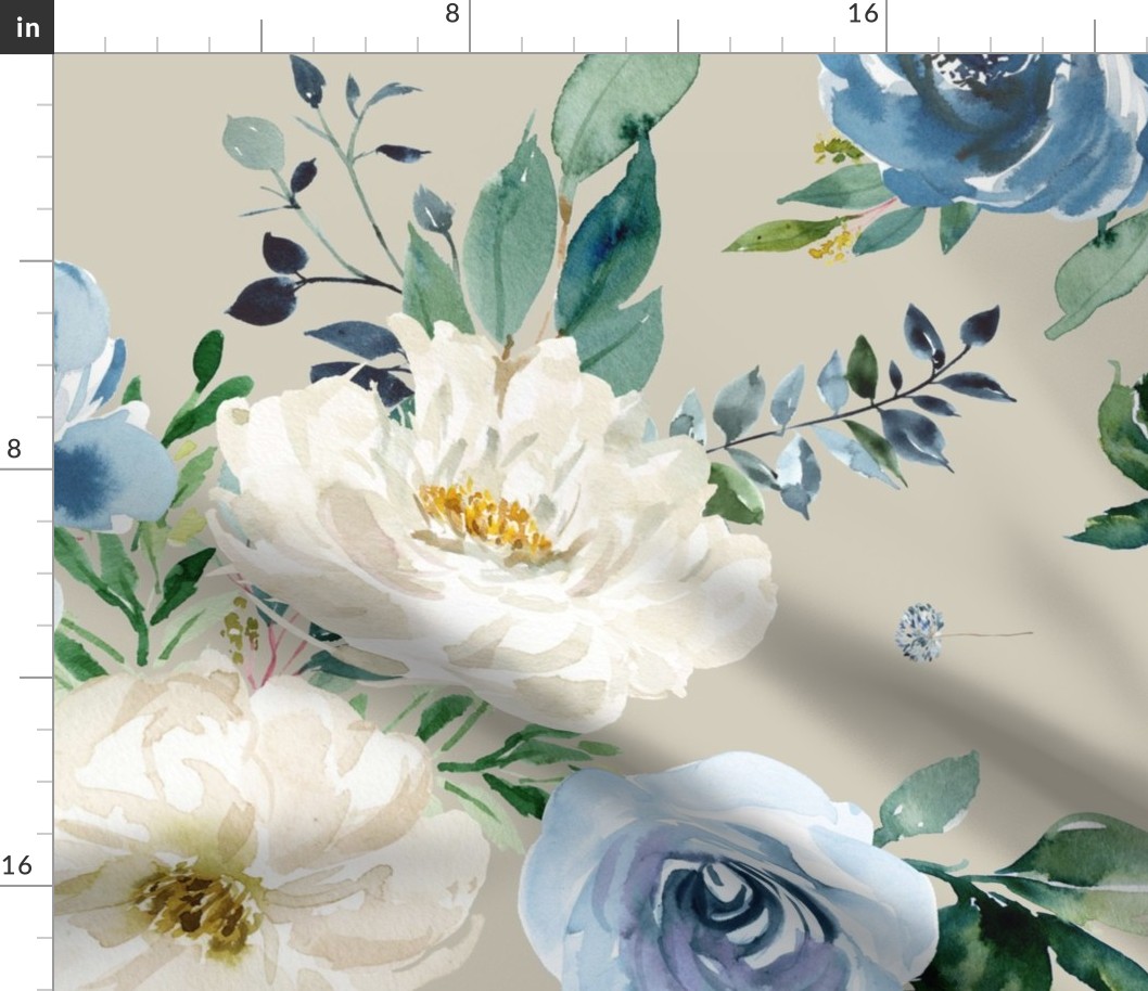 36" White and Blue Florals - Taupe