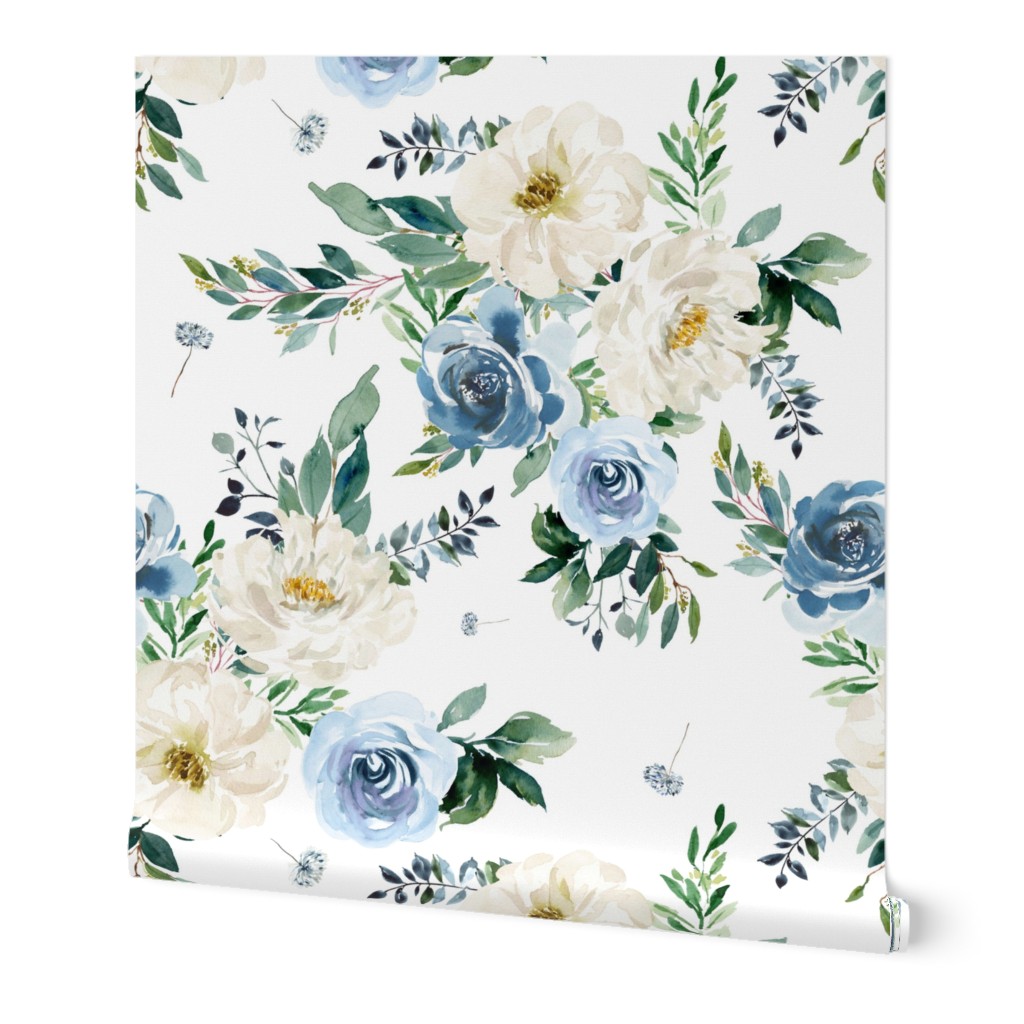 8" White and Blue Florals - White