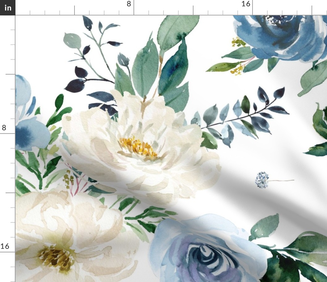 36" White and Blue Florals - White