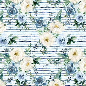 4" White and Blue Florals - Blue Stripes