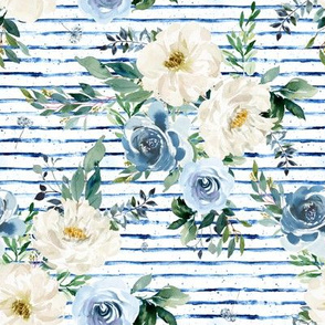 8" White and Blue Florals - Blue Stripes