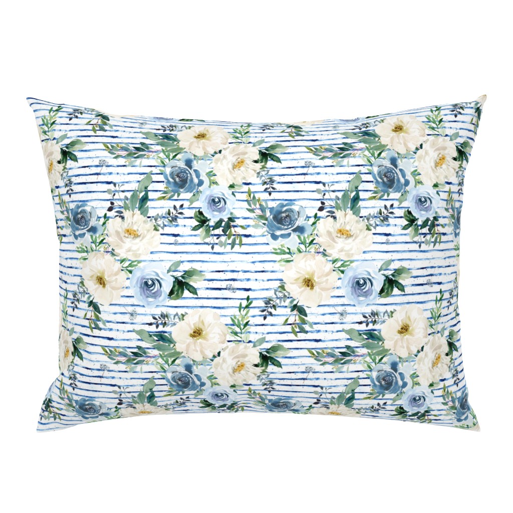 10.5" White and Blue Florals - Blue Stripes