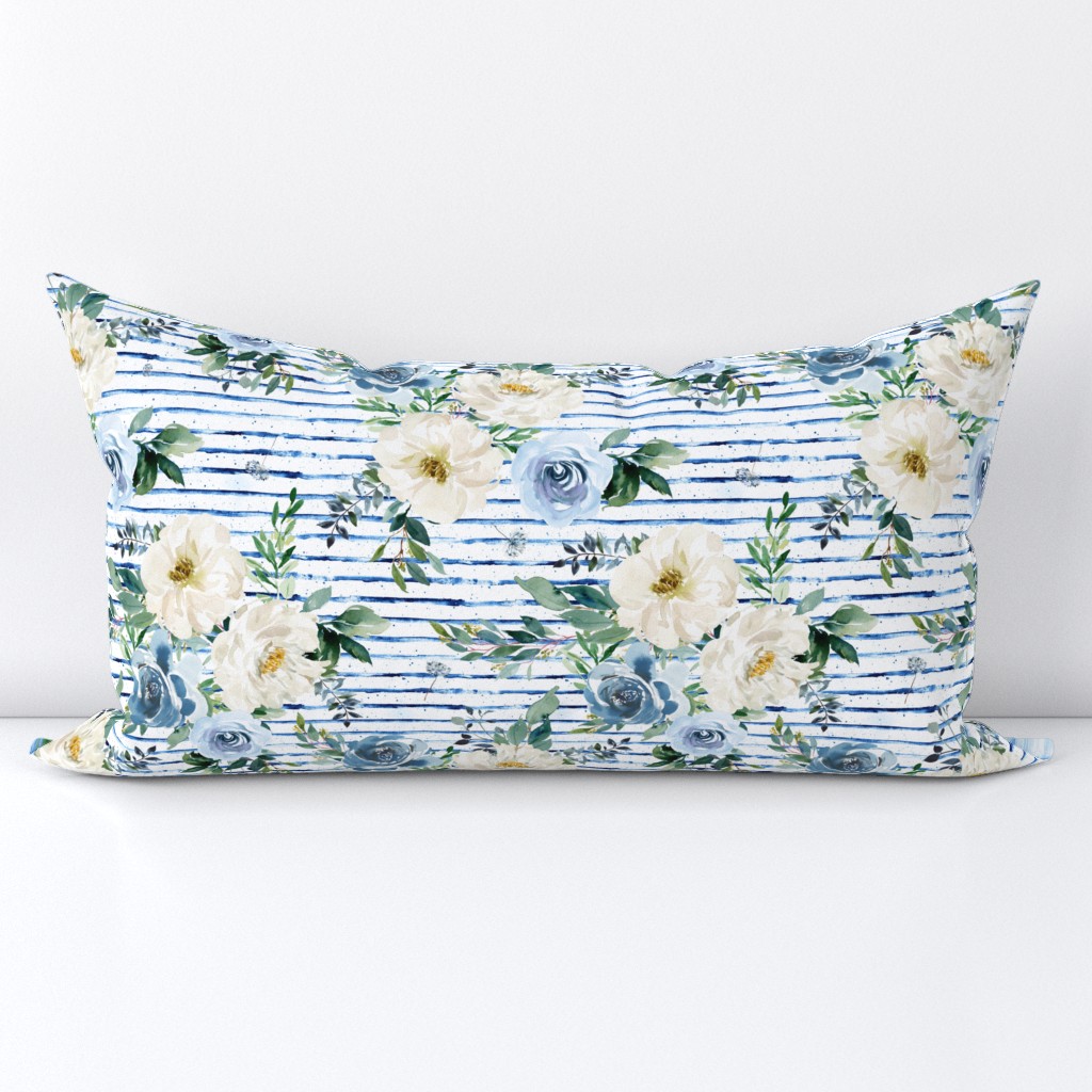 10.5" White and Blue Florals - Blue Stripes