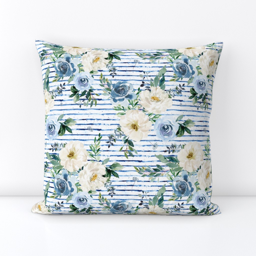 10.5" White and Blue Florals - Blue Stripes