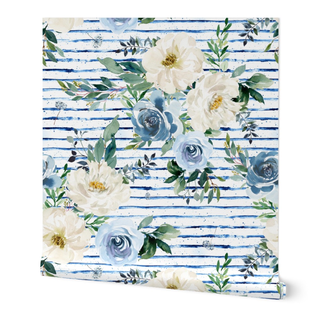 10.5" White and Blue Florals - Blue Stripes