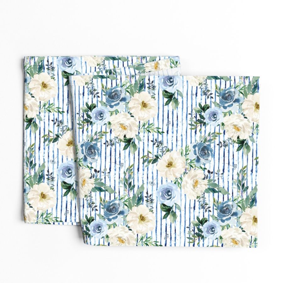 10.5" White and Blue Florals - Blue Stripes