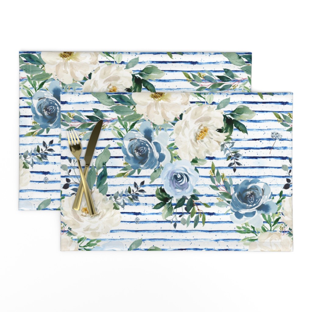 18" White and Blue Florals - Blue Stripes