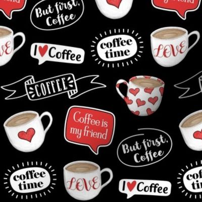 Sketched Coffee Mug - I Love Coffee Hearts - Red Black White